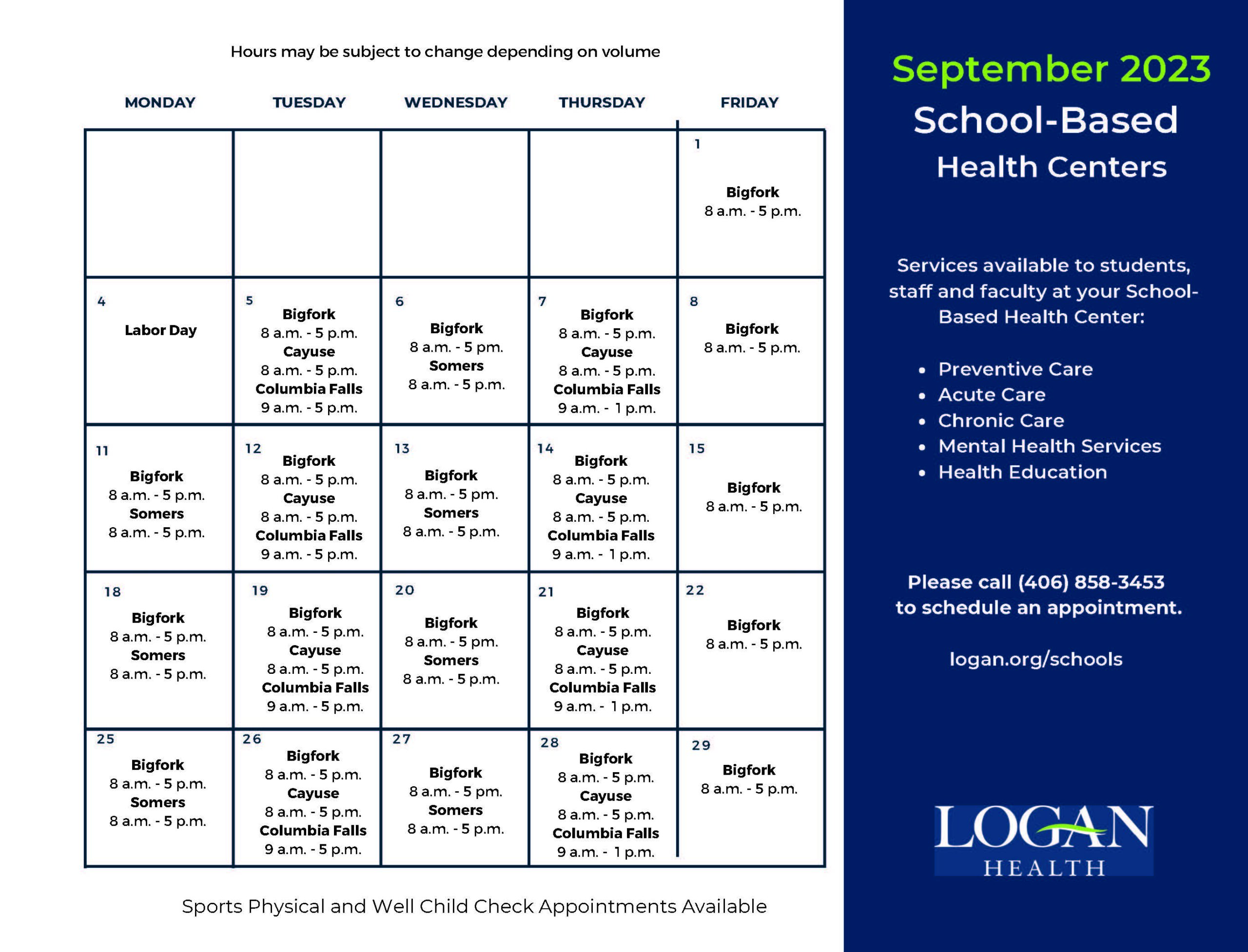 September schedule for the school-based health center showing that the Bigfork location is open every weekday from 8 am to 5 pm.