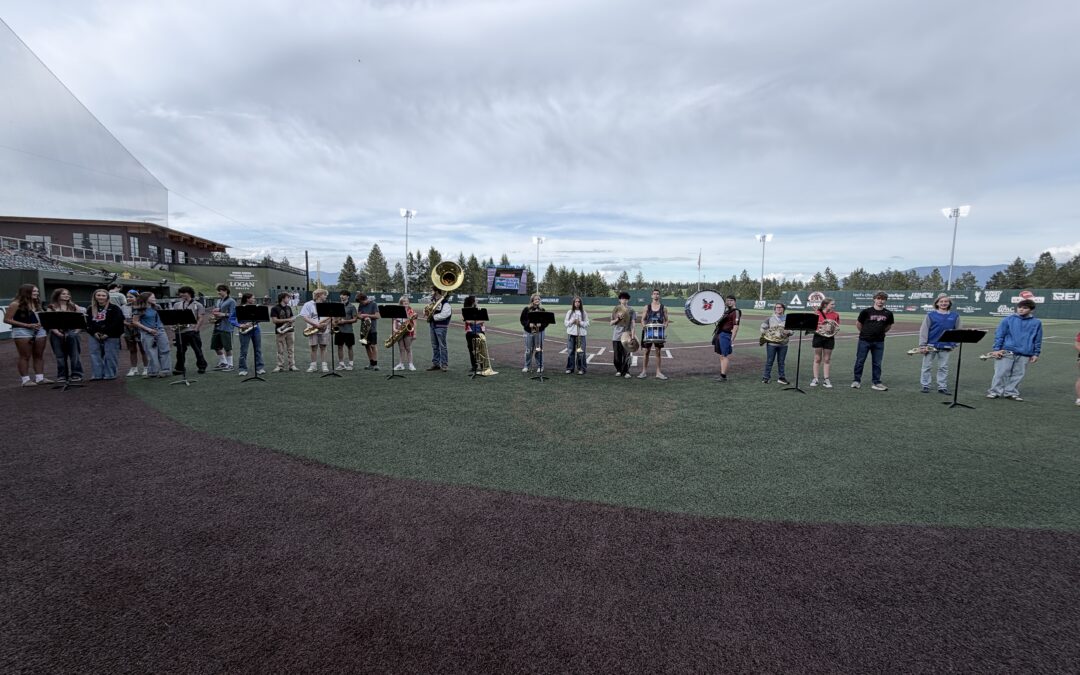Band students holding instruments getting ready to play the national anthem ahead of a baseball game.
